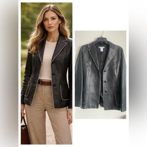 Black Leather Blazer Size 10 Tailored Contrast Piping Classic 90s